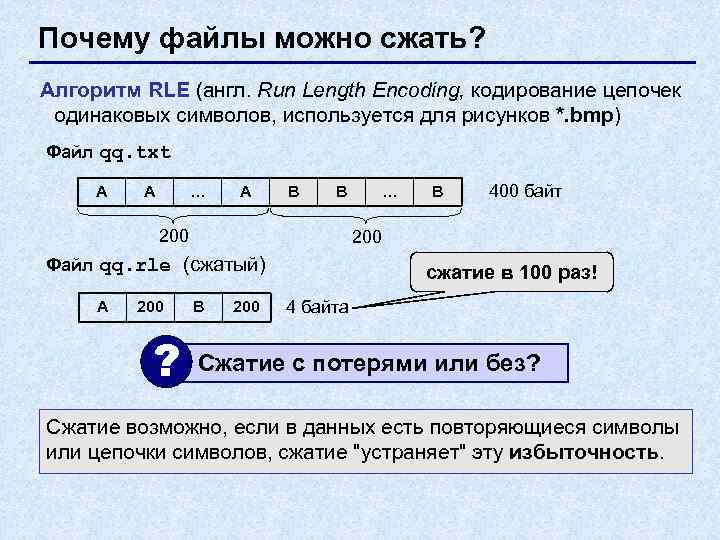 Почему файлы можно сжать? Алгоритм RLE (англ. Run Length Encoding, кодирование цепочек одинаковых символов,