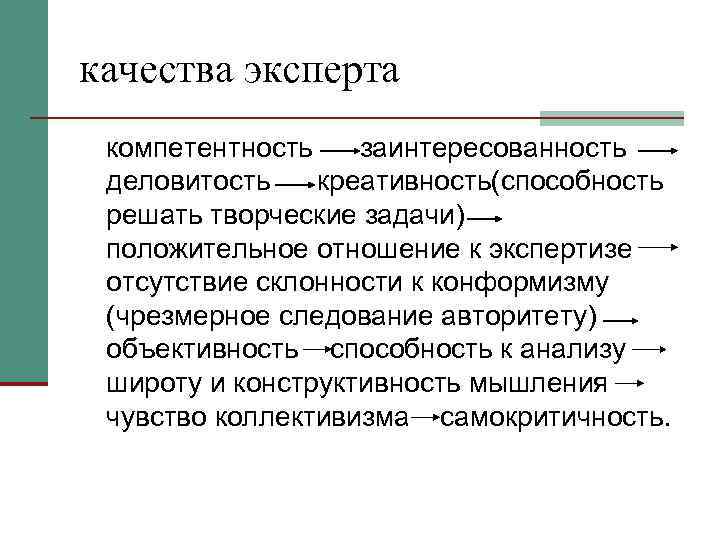 качества эксперта компетентность  заинтересованность деловитость  креативность(способность решать творческие задачи) положительное отношение к