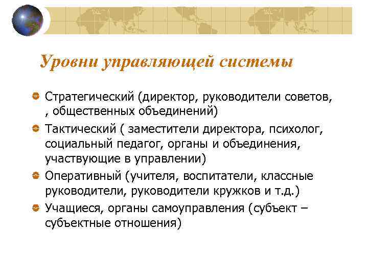 Уровни управляющей системы Стратегический (директор, руководители советов, , общественных объединений) Тактический ( заместители директора,
