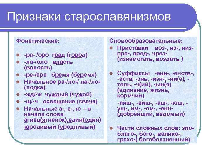 Признаки старославянизмов Фонетические:     Словообразовательные:      