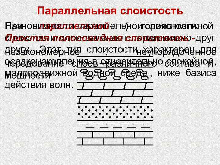  Параллельная слоистость Разновидности параллельной слоистости:  При параллельной  ( горизонтальной слоистости слои