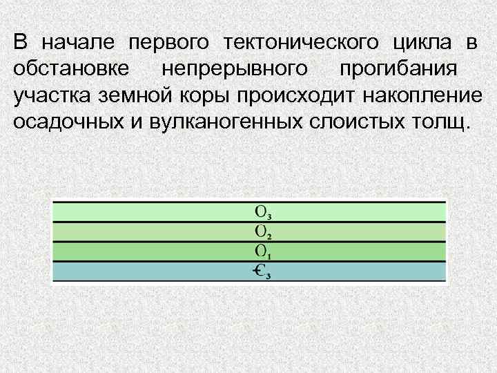 В начале первого тектонического цикла в обстановке непрерывного прогибания участка земной коры происходит накопление