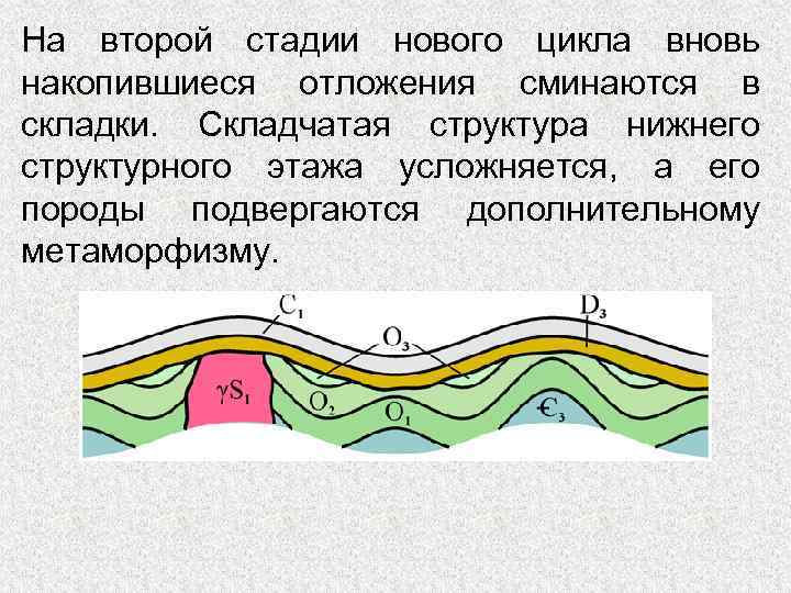 На второй стадии нового цикла вновь накопившиеся отложения сминаются в складки. Складчатая структура нижнего
