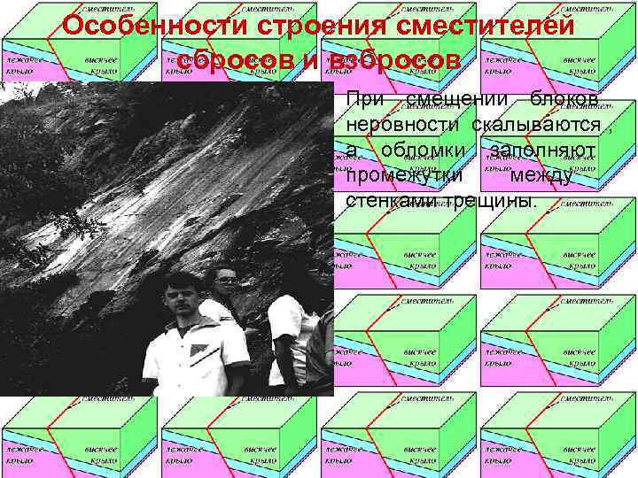 Особенности строения сместителей  сбросов и взбросов   При смещении блоков  