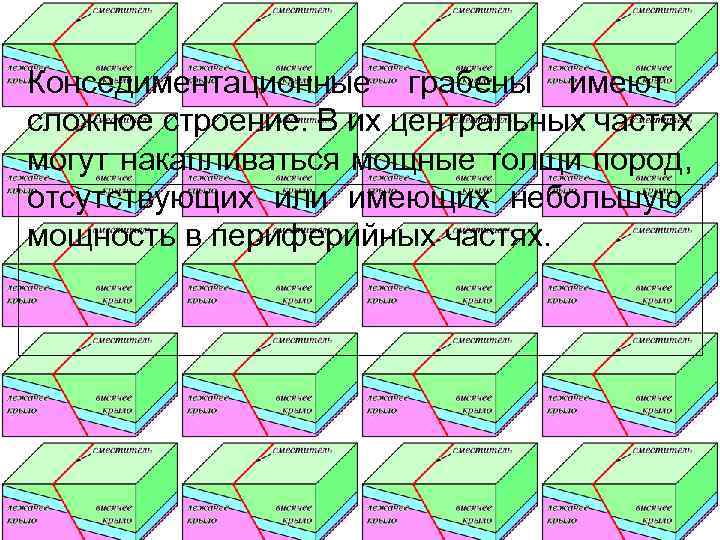 Конседиментационные грабены имеют сложное строение. В их центральных частях могут накапливаться мощные толщи пород,