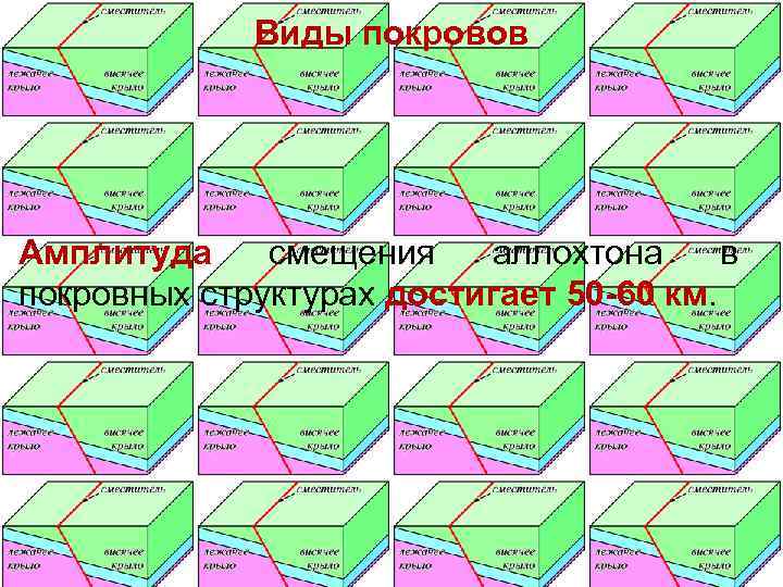    Виды покровов Амплитуда смещения  аллохтона в покровных структурах достигает 50