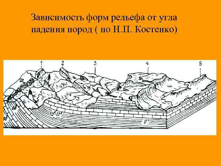 Зависимость форм рельефа от угла падения пород ( по Н. П. Костенко) 
