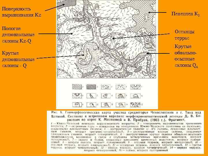 Поверхность выравнивания Kz Пологие делювиальные склоны Kz-Q Крутые делювиальные склоны - Q Пенеплен К
