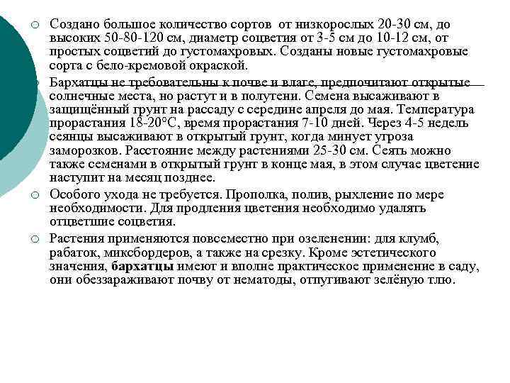 ¡ Создано большое количество сортов от низкорослых 20 -30 см, до высоких 50 ¡ Создано большое количество сортов от низкорослых 20 -30 см, до высоких 50