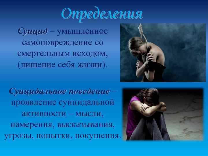   Определения  Суицид – умышленное самоповреждение со  смертельным исходом, (лишение себя