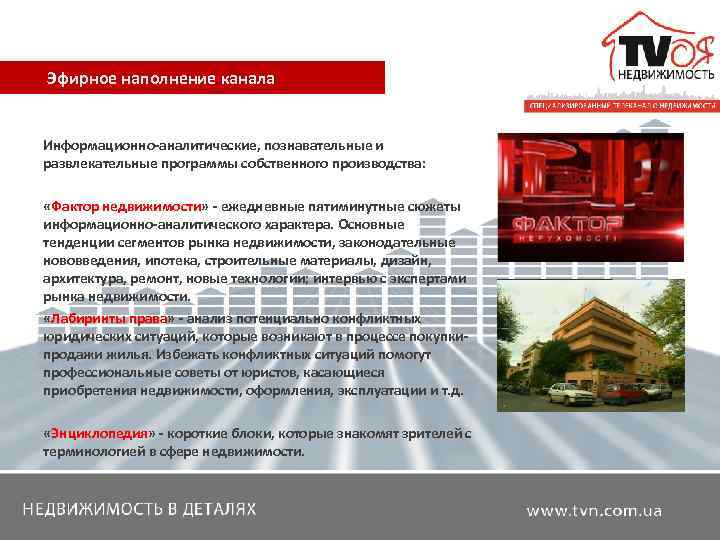  Эфирное наполнение канала  Информационно-аналитические, познавательные и развлекательные программы собственного производства: «Фактор недвижимости»