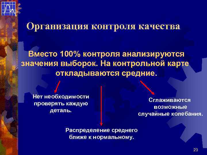  Организация контроля качества  Вместо 100% контроля анализируются значения выборок. На контрольной карте