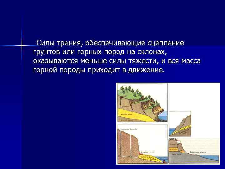 Силы трения, обеспечивающие сцепление грунтов или горных пород на склонах, оказываются меньше силы Силы трения, обеспечивающие сцепление грунтов или горных пород на склонах, оказываются меньше силы