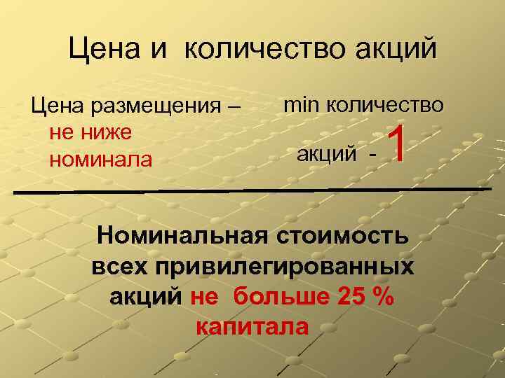 Цена и количество акций Цена размещения –  min количество не ниже номинала