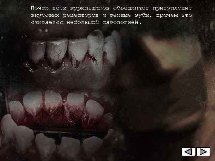 Почти всех курильщиков объединяет притупление вкусовых рецепторов и темные зубы, причем это считается небольшой