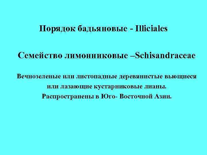 Порядок бадьяновые - Illiciales Семейство лимонниковые –Schisandraceae Вечнозеленые или листопадные деревянистые вьющиеся Порядок бадьяновые - Illiciales Семейство лимонниковые –Schisandraceae Вечнозеленые или листопадные деревянистые вьющиеся