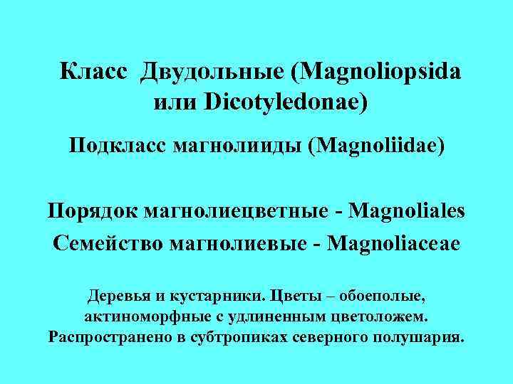 Класс Двудольные (Маgnoliopsida или Dicotyledonae) Подкласс магнолииды (Magnoliidae) Порядок магнолиецветные Класс Двудольные (Маgnoliopsida или Dicotyledonae) Подкласс магнолииды (Magnoliidae) Порядок магнолиецветные