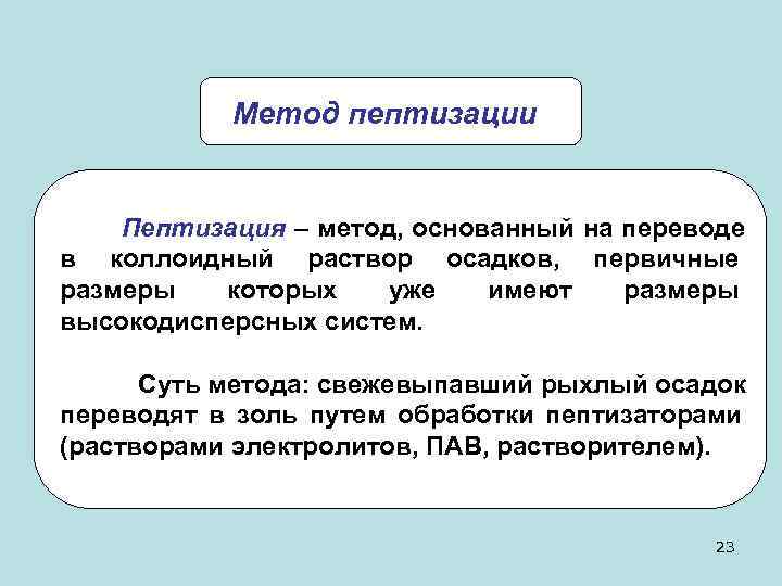   Метод пептизации  Пептизация – метод, основанный на переводе в коллоидный раствор