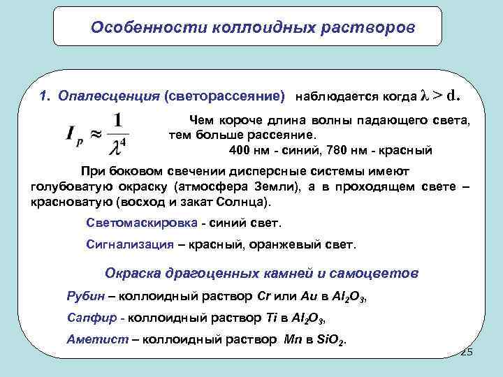   Особенности коллоидных растворов 1. Опалесценция (светорассеяние) наблюдается когда λ > d. 