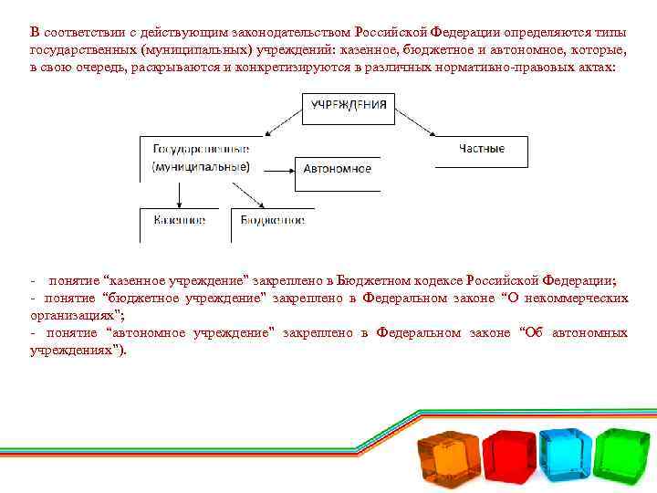 В соответствии с действующим законодательством Российской Федерации определяются типы государственных (муниципальных) учреждений: казенное, бюджетное