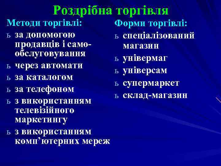 Роздрібна торгівля Методи торгівлі: Форми торгівлі: ь за допомогою Роздрібна торгівля Методи торгівлі: Форми торгівлі: ь за допомогою