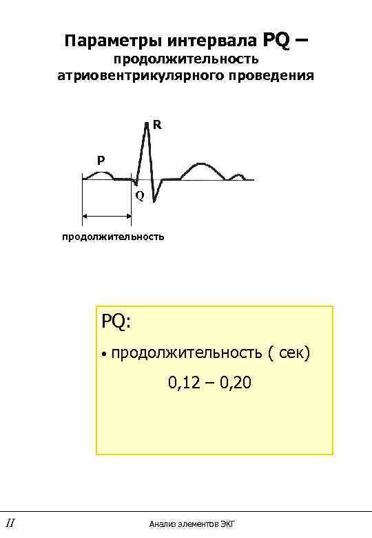  Параметры интервала PQ –   продолжительность атриовентрикулярного проведения    R