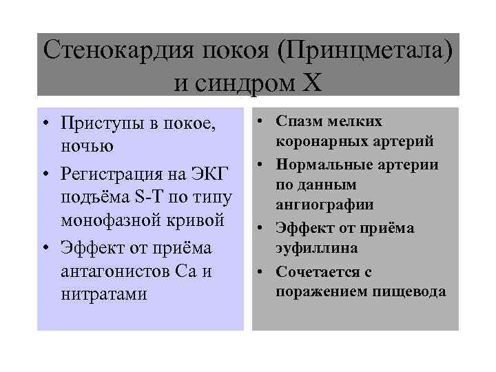 Стенокардия покоя (Принцметала)   и синдром Х • Приступы в покое,  •