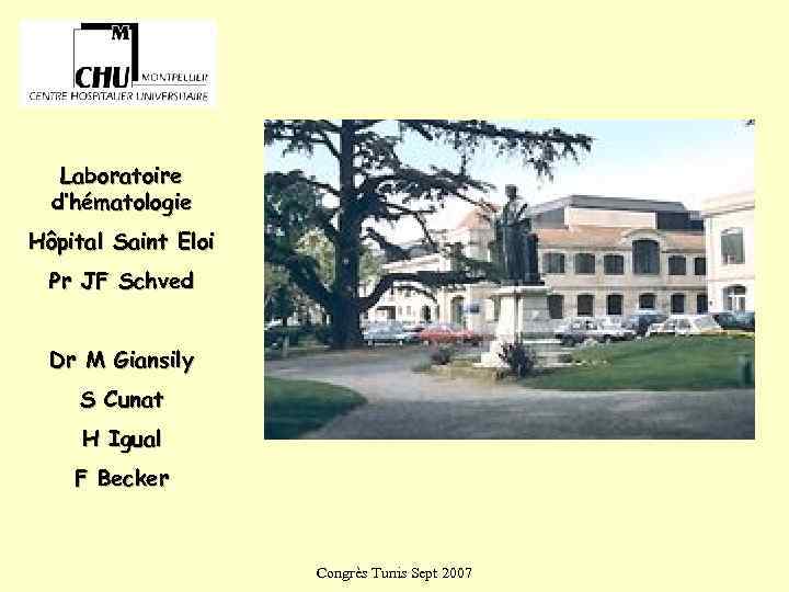   Laboratoire  d’hématologie Hôpital Saint Eloi  Pr JF Schved Dr M