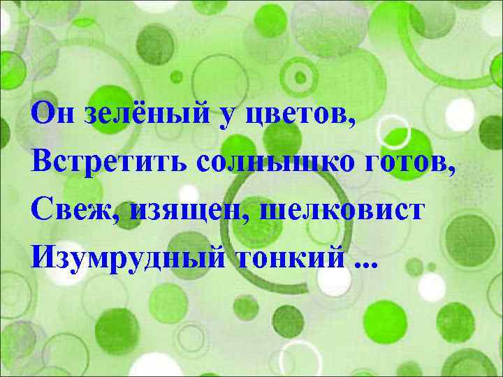 Он зелёный у цветов, Встретить солнышко готов, Свеж, изящен, шелковист Изумрудный тонкий. . .