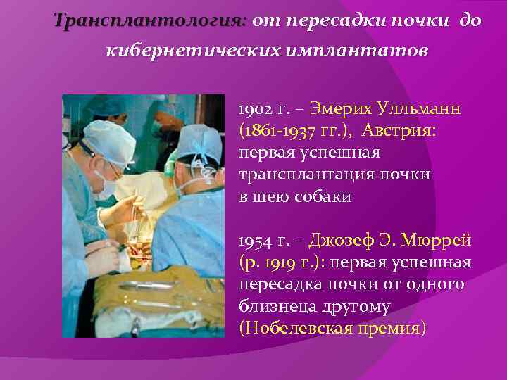 Трансплантология: от пересадки почки до кибернетических имплантатов   1902 г. – Эмерих Улльманн