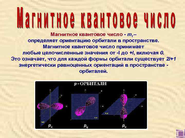     Магнитное квантовое число - ml –  определяет ориентацию орбитали