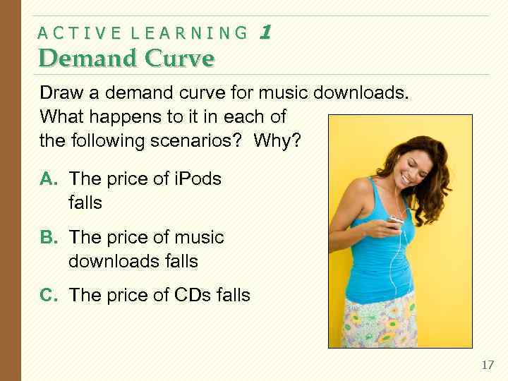 ACTIVE LEARNING   1 Demand Curve Draw a demand curve for music downloads.