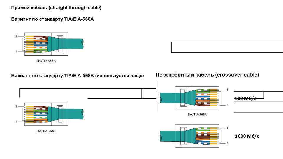 Кабельное прямое. Стандарт обжима витой пары Tia/EIA 568b. Проводники расположены по стандарту EIA/Tia-568b. Вариант по стандарту EIA/Tia-568a.