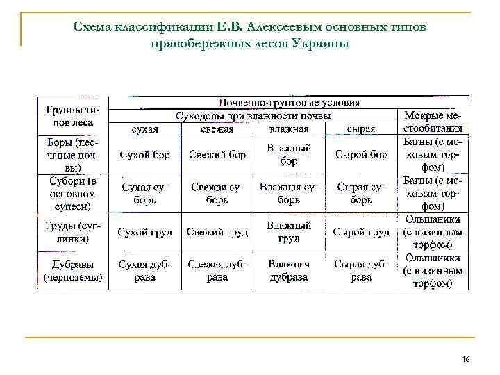 Схема классификации Е. В. Алексеевым основных типов  правобережных лесов Украины   