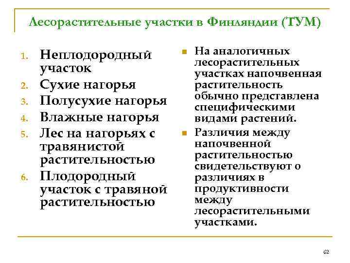  Лесорастительные участки в Финляндии (ТУМ) 1. Неплодородный  n  На аналогичных 