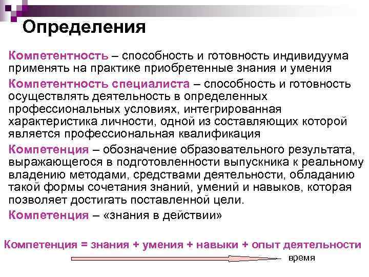  Определения Компетентность – способность и готовность индивидуума применять на практике приобретенные знания и