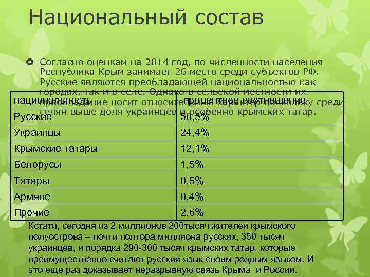  Национальный состав Согласно оценкам на 2014 год, по численности населения Республика Крым занимает
