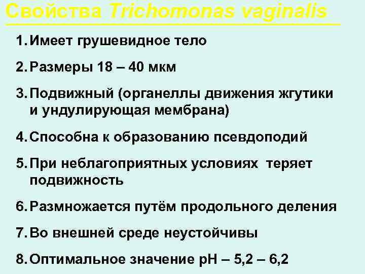 Свойства Trichomonas vaginalis 1. Имеет грушевидное тело 2. Размеры 18 – 40 мкм 3.