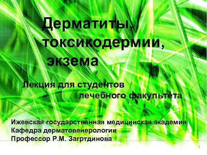 Дерматиты, токсикодермии, экзема Лекция для студентов лечебного факультета Ижевская государственная медицинская академия Кафедра дерматовенерологии