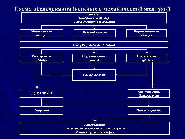 Схема обследования больных с механической желтухой Анамнез Объективный осмотр Лабораторные исследования Механическая желтуха Неясный