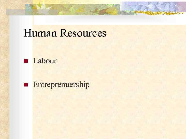 Human Resources n  Labour n  Entreprenuership 