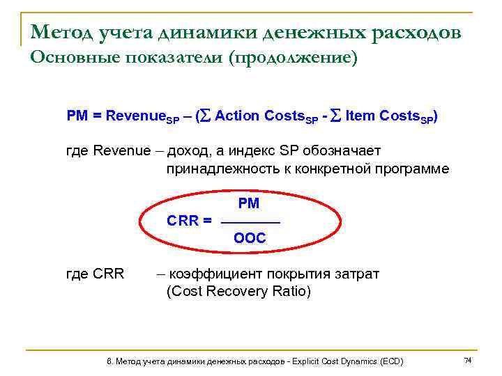 Метод учета динамики денежных расходов Основные показатели (продолжение) PM = Revenue. SP – (