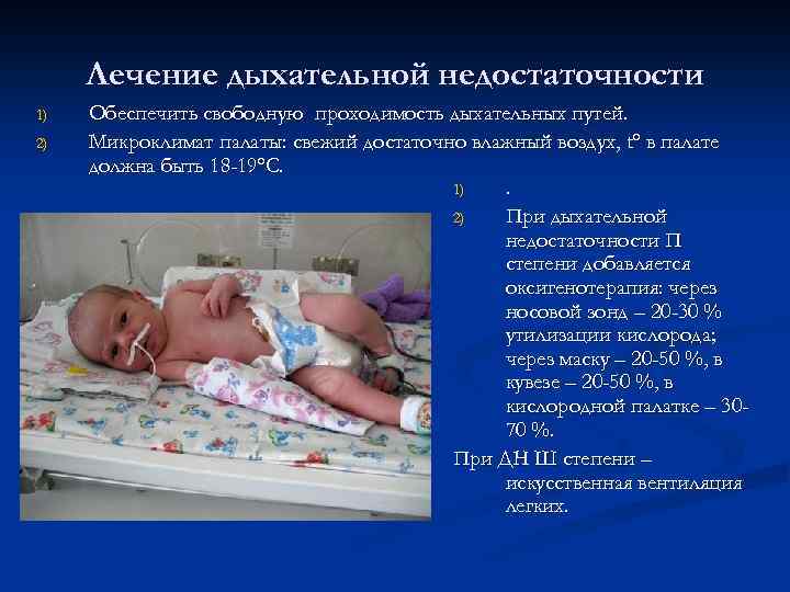Лечение дыхательной недостаточности 1) 2) Обеспечить свободную проходимость дыхательных путей. Микроклимат палаты: свежий достаточно