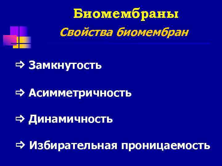   Биомембраны  Свойства биомембран  Замкнутость  Асимметричность  Динамичность  Избирательная