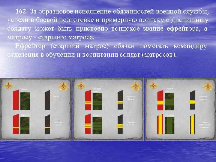  162. За образцовое исполнение обязанностей военной службы, успехи в боевой подготовке и примерную
