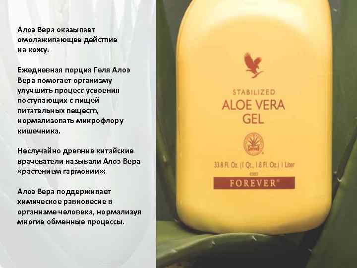 Алоэ Вера оказывает омолаживающее действие на кожу. Ежедневная порция Геля Алоэ Вера помогает организму