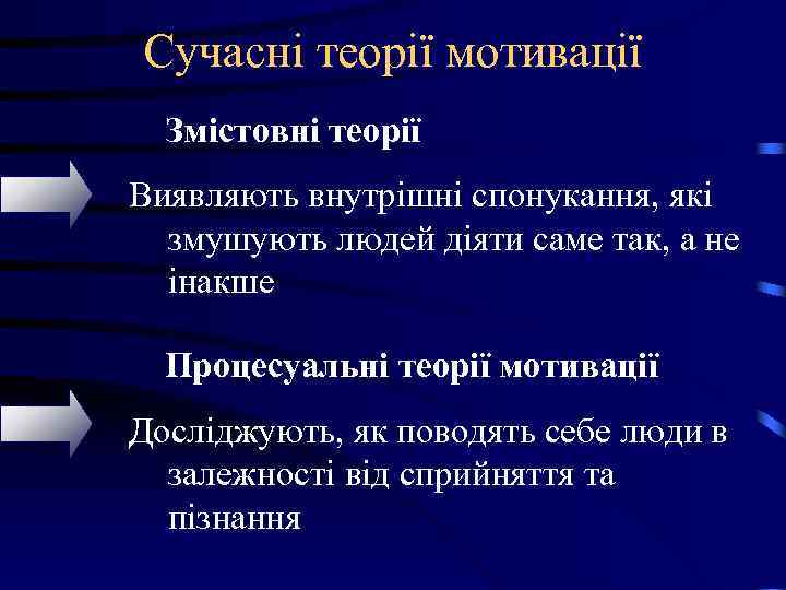 Сучасні теорії мотивації Змістовні теорії Виявляють внутрішні спонукання, які змушують людей діяти Сучасні теорії мотивації Змістовні теорії Виявляють внутрішні спонукання, які змушують людей діяти