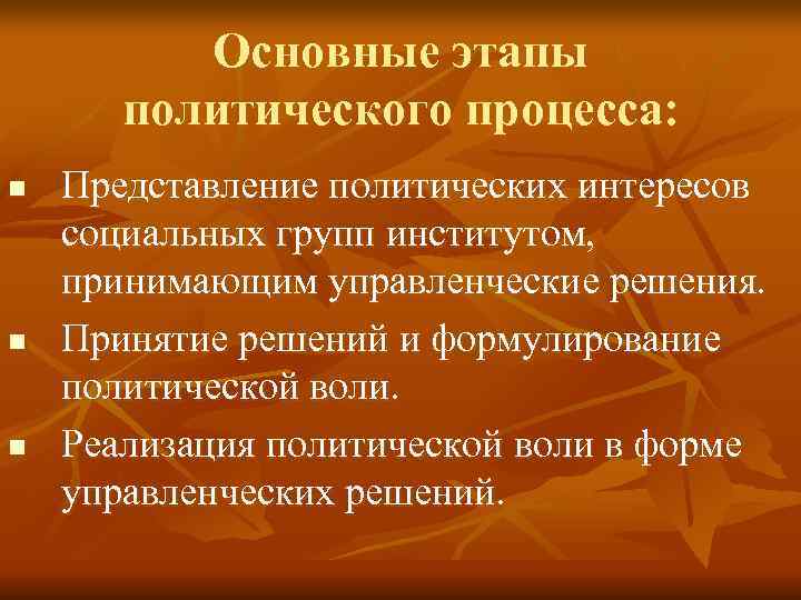    Основные этапы  политического процесса: n  Представление политических интересов социальных