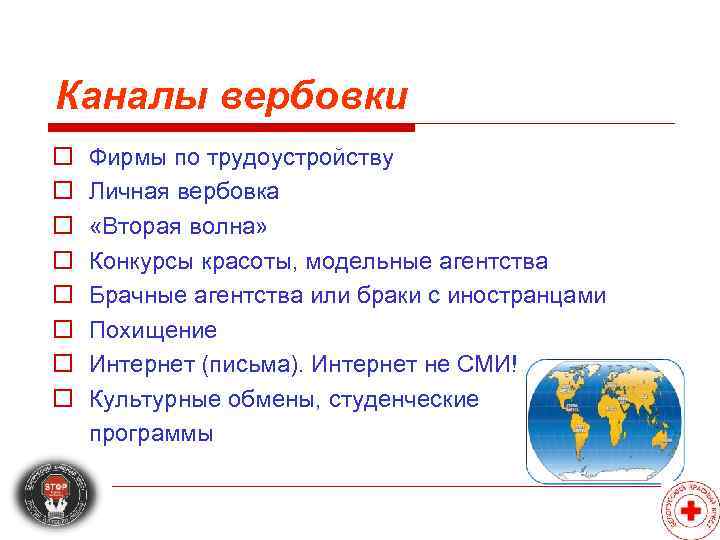 Каналы вербовки o  Фирмы по трудоустройству o  Личная вербовка o  «Вторая