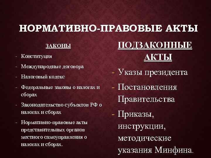  НОРМАТИВНО-ПРАВОВЫЕ АКТЫ  ЗАКОНЫ    ПОДЗАКОННЫЕ - Конституция   